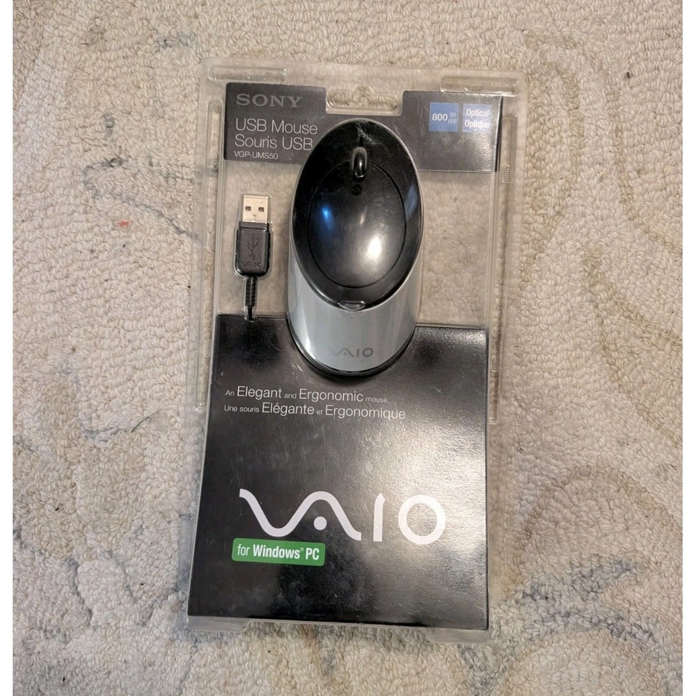 Sony VAIO VGP-UMS50 USB Optical Mouse 800 DPI Silver Black Open Box Vintage